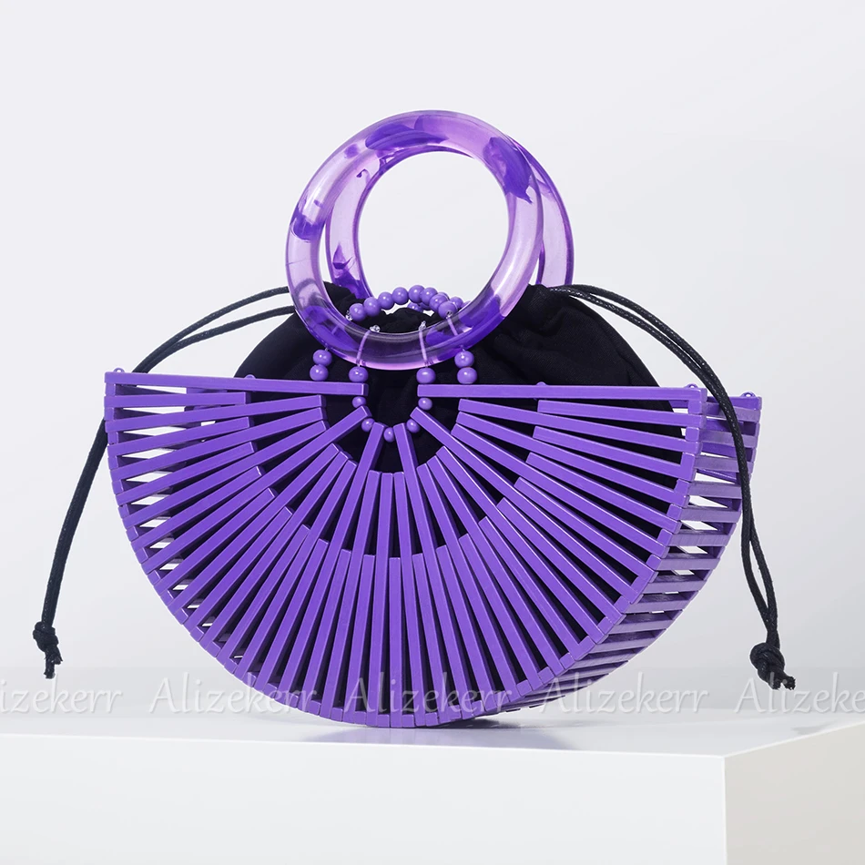 Vintage Half Round Bamboo Beach Handbags Women 2023 Summer Hollow Out Round Acrylic Handle Woven Straw Bags High Quality Holiday