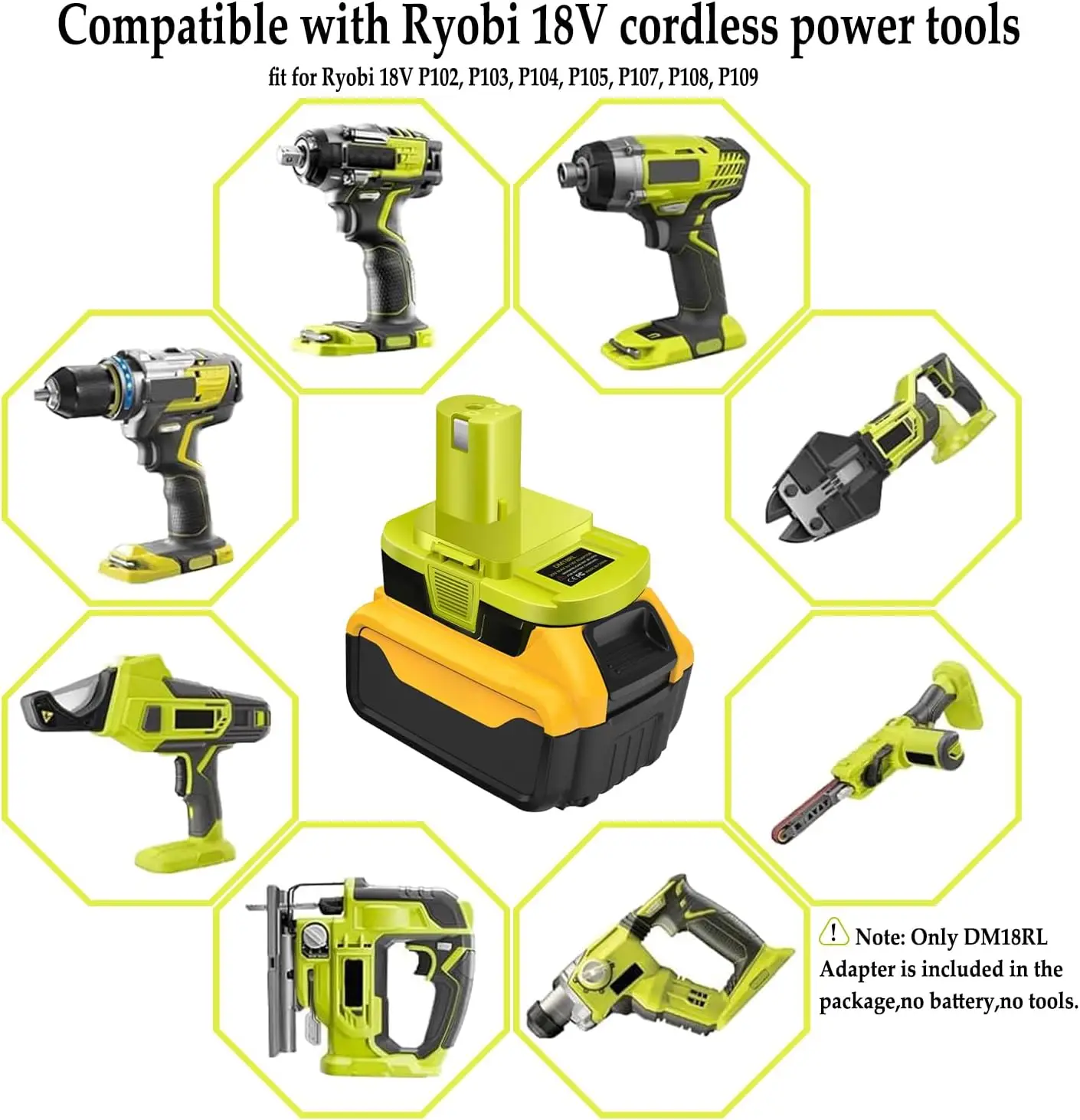 DM18RL Batterieadapter zur Umwandlung von Dewalt/Milwaukee 20V/18V Li-Ionen-Akkus in Ryobi 18V P108 ABP1801, USB-Anschluss, Schwarz/Grün – Detail 10