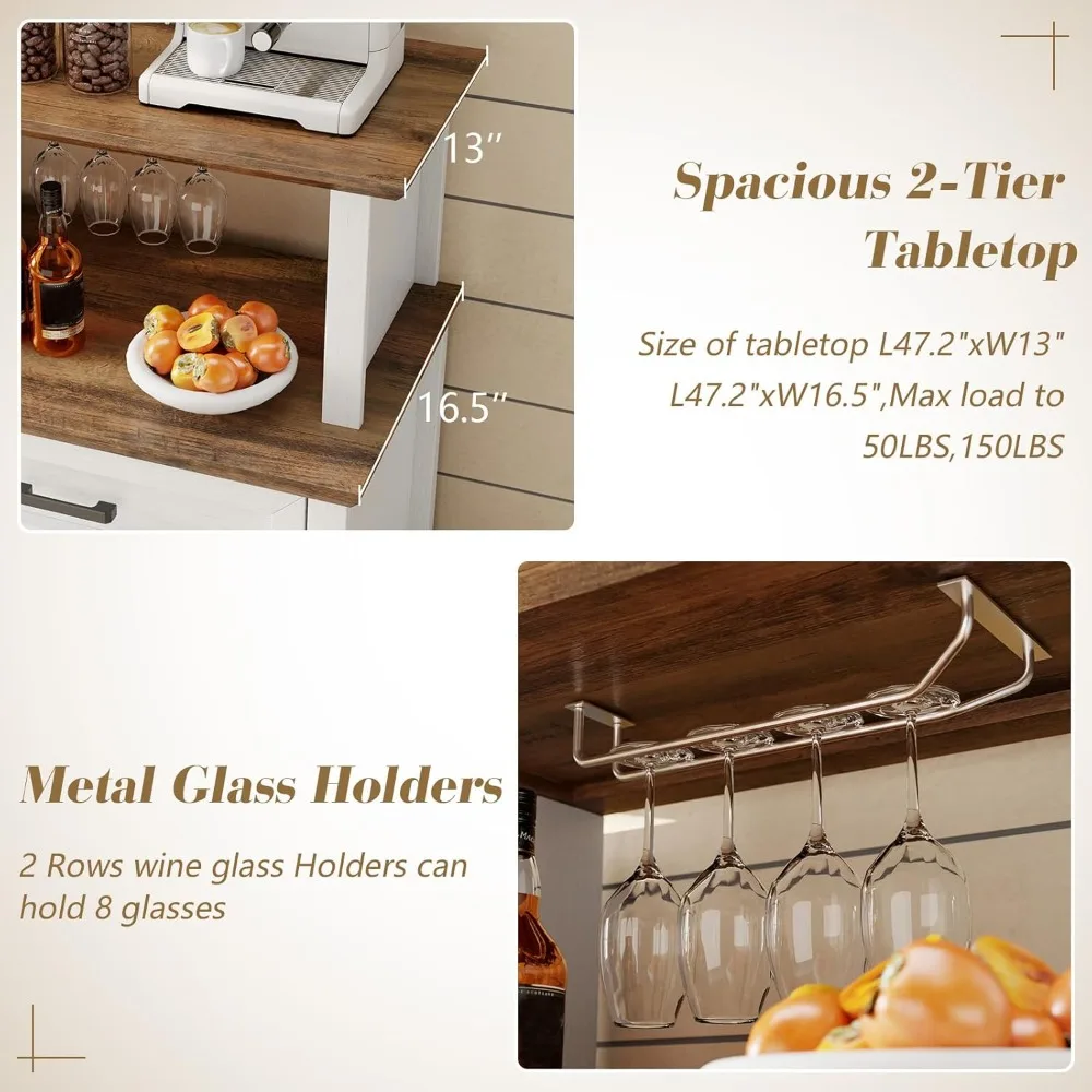 農家風コーヒーバーキャビネット、飲料用冷蔵庫クーラー付き、47インチの素朴なワインバーキャビネット、ミニ冷蔵庫15個付き、納屋のドア付き。