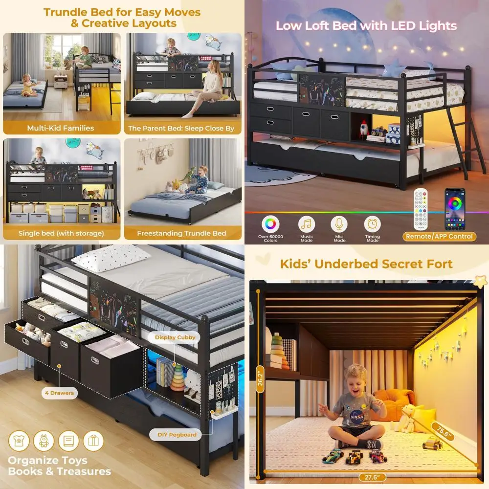 

Twin Size Low Loft Bed with Trundle, LED Lights, Storage Drawers, Open Shelves, DIY Pegboard, Safety Guardrail, and Under-Bed Pl