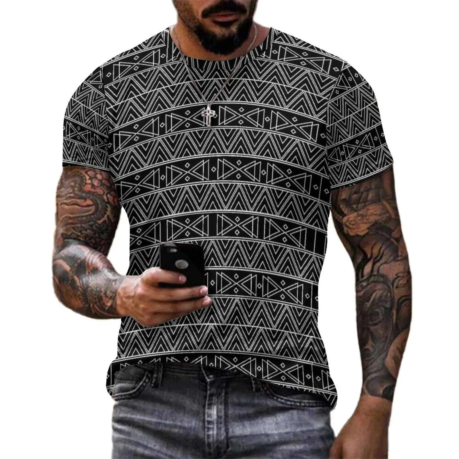 African Ndebele White Print T-Shirt Man  Casual T Shirts Summer Hippie Tees Short Sleeve Custom Oversized Clothes