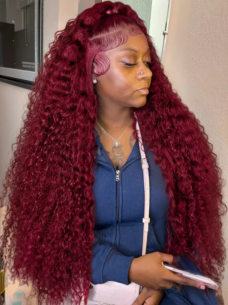 

250 Density 13x4 Curly 99J Burgundy Lace Front Wig Red Wine Colored 30 Inch Water Wave Peruvian HD Lace Frontal Human Hair Wigs