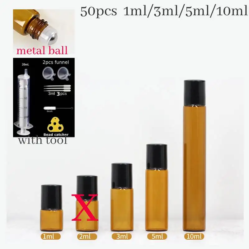 50PCS 5ml/10ml Glass Roll on Bottle Oil Vials with Roller Metal /Glass Ball Sample Test Essential Amber Stainless Steel Ball