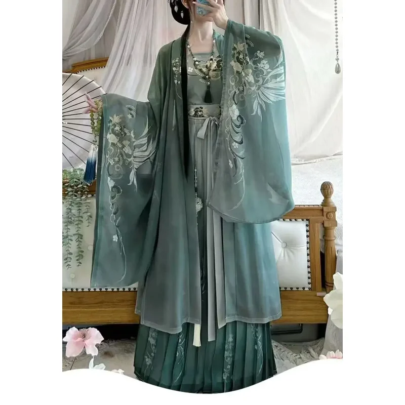 Hanfu chino tradicional Vintage para mujer, disfraz de Halloween, vestido Hanfu verde estampado, conjuntos de 3 uds de talla grande XL