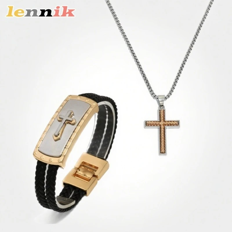 LENNIK Hot Sale Herrenschmuck – Kreuz-Zweifarbiges Lederarmband, doppellagiger geflochtener Seil-Magnetverschluss und Halskette