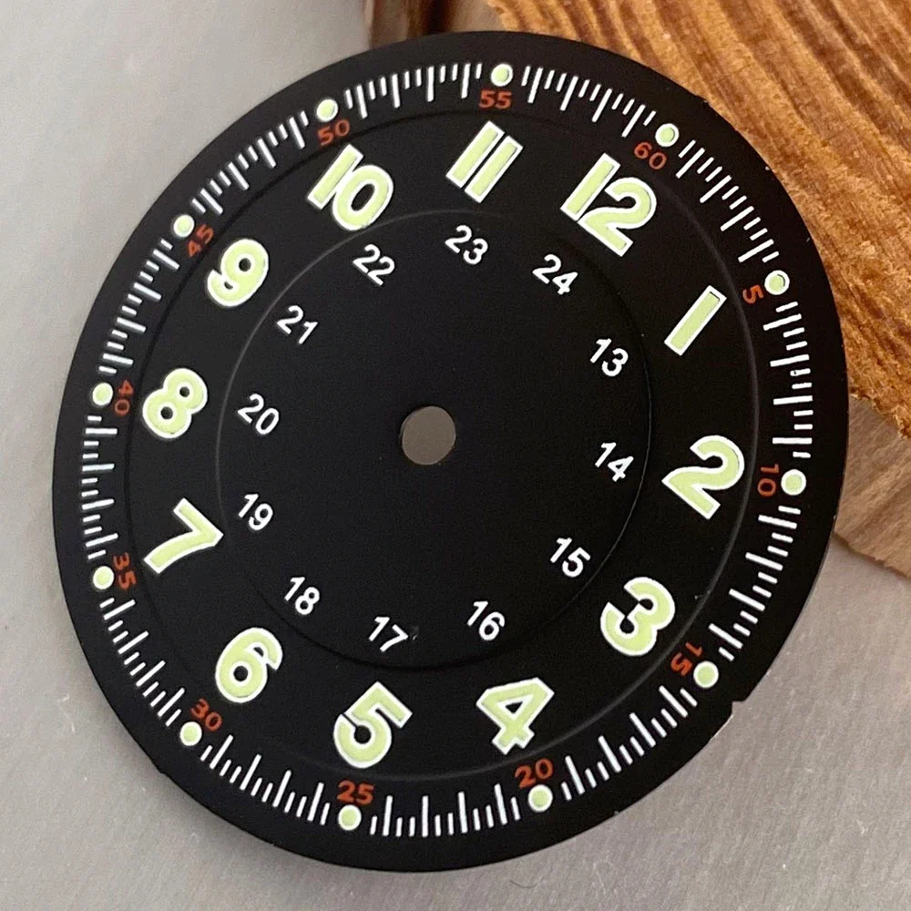 29mm Pilotenuhr-Zifferblatt mit schwarzen Zeigern für NH35 NH36 ETA2824 PT5000 ST2130 Miyota 8215, grün leuchtende Taucheruhr-Teile – Detail 5