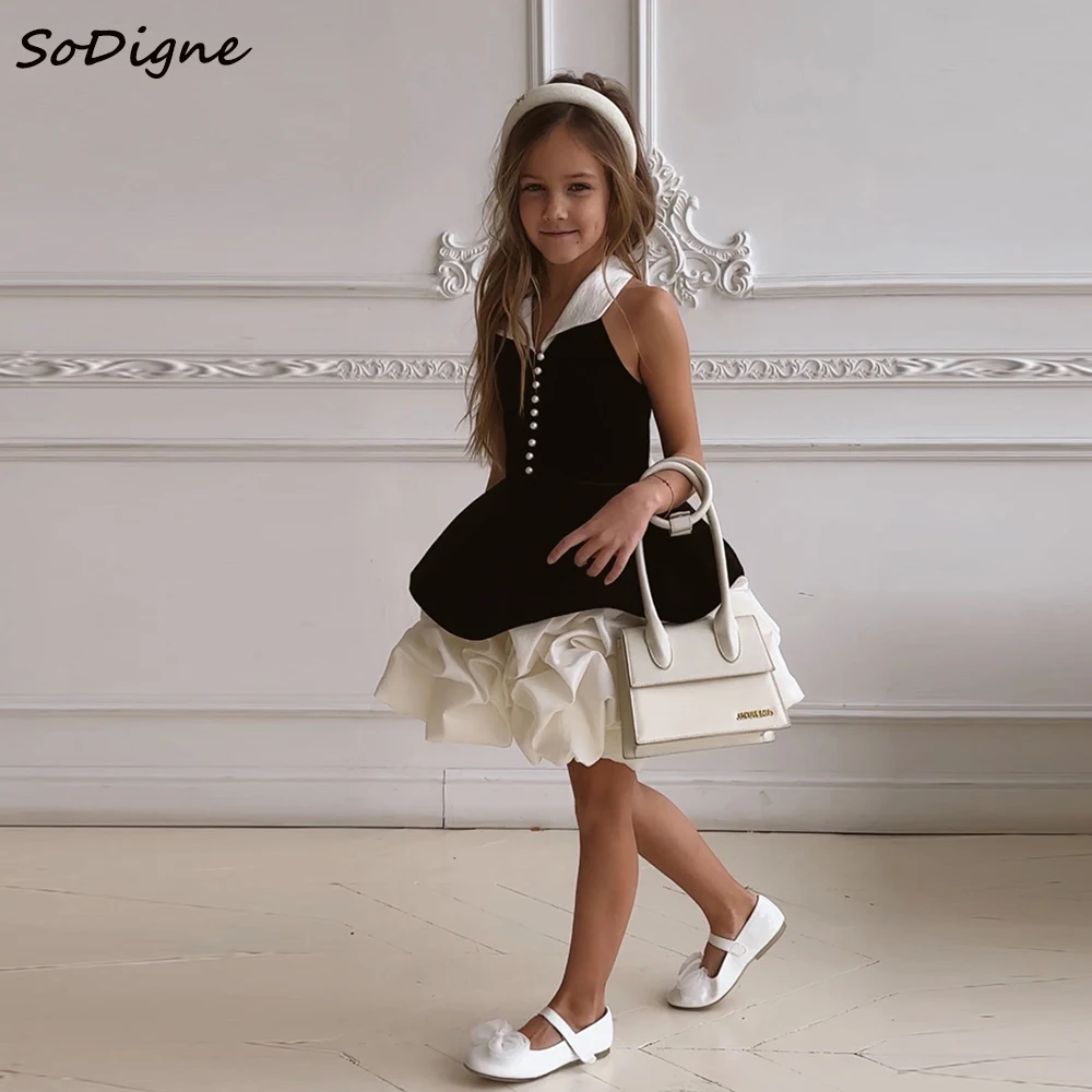 SoDigne-Robe Trapèze en Velours et Satin pour Fille, Vêtement à Fleurs, Col en V, Jupe Courte en Fibre, Tenue de Soirée Personnalisée, 2025