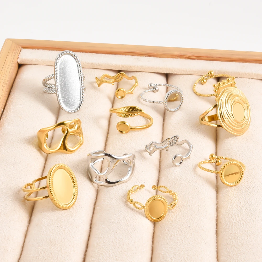 【セール中】10個卸売ステンレス鋼製ブランクトレイリング、アレルギー防止、色褪せなし、楕円形テクスチャ、丸型、正方形、開口部調整可能リング、ギフト