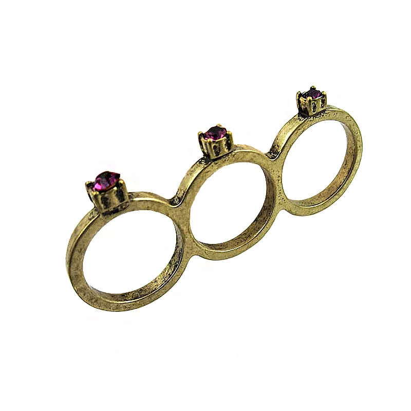 Personalized Vintage Purple Crystal Stud Triple Three Finger Forefinger Ring Size 7 Womens Punk Retro Alloy Metal Rings Jewelry