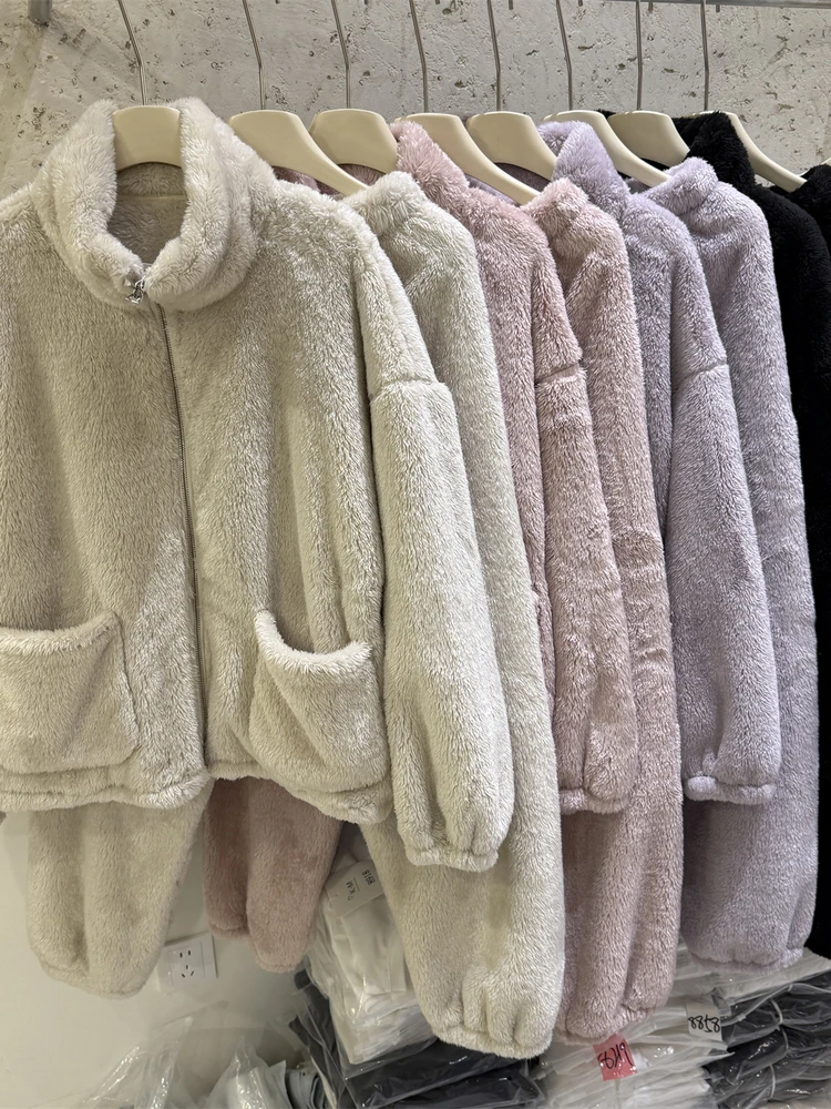 

Winter Thickened Zipper Stand Collar Coral Fleece Home Clothes Set Women's Sleepwear Two-Piece Suit Comfortable Soft Pyjamas
