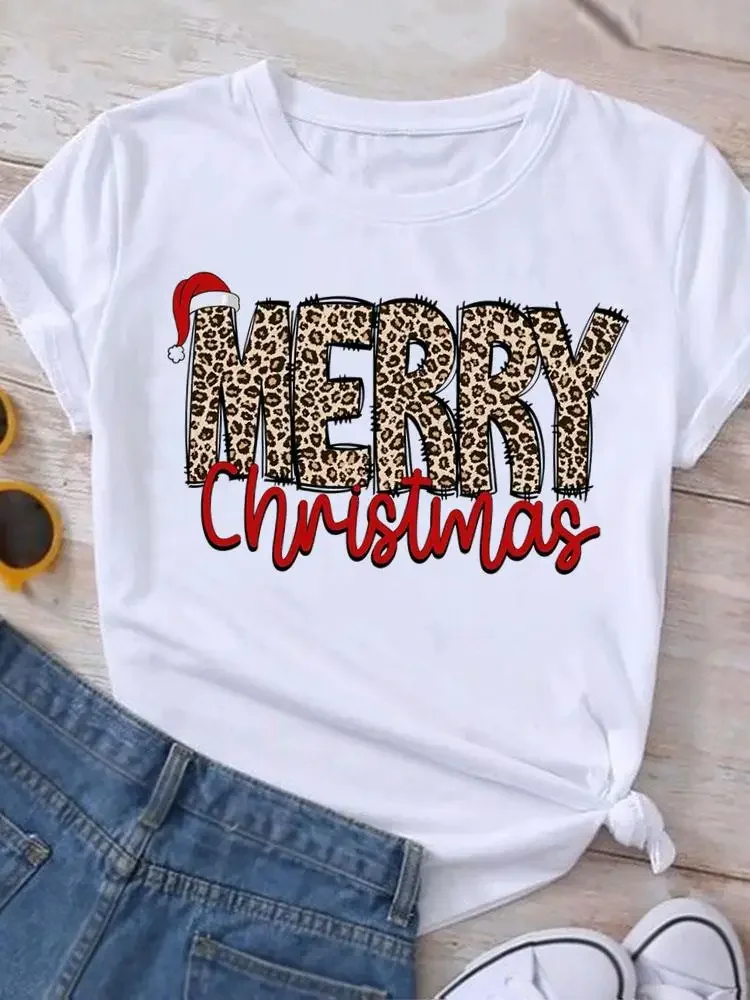 

2026 Leopard Letter Tree Cute New Year Fashion Print Holiday Clothing Merry Christmas Top Happy Women T-shirt Tees Graphic Tops