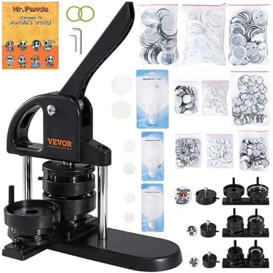 

Button Maker 1/1.25/2.28 inch 25/32/58mm 3-in-1 Pin Maker with 300pcs Button Parts Ergonomic Arc Handle Punch Press Kit Button