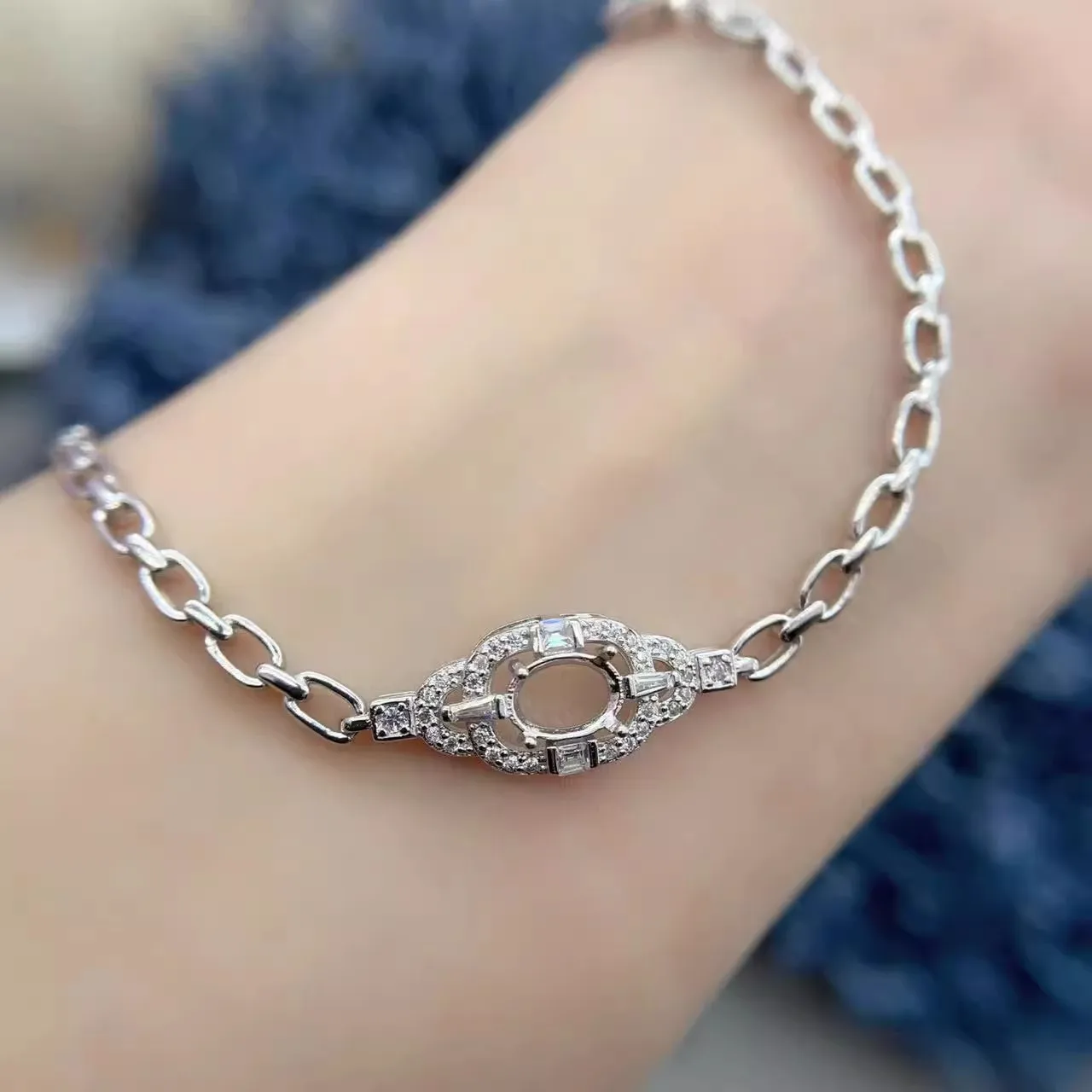 MeiBaPJ Inlay 5*7mm Oval Stone S925 Sterling Silver DIY Empty Bracelet Holder for Women Fine Fashion Charm Weddings Jewelry