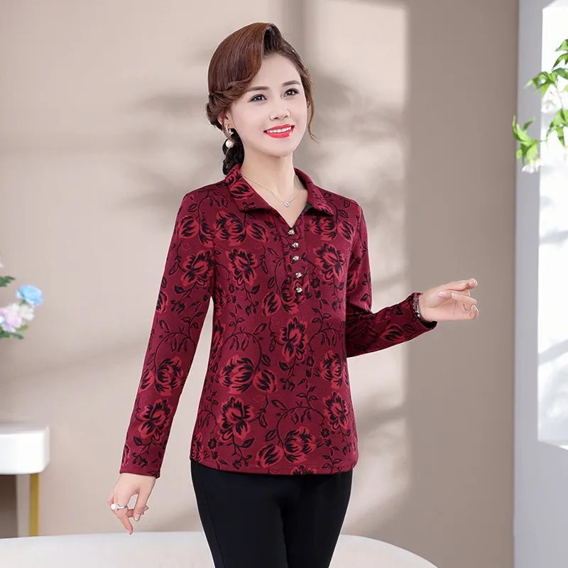 Female Printed V-Neck Shirt Bandage Spring Autumn New Long sleeved middle-aged mother Blouse