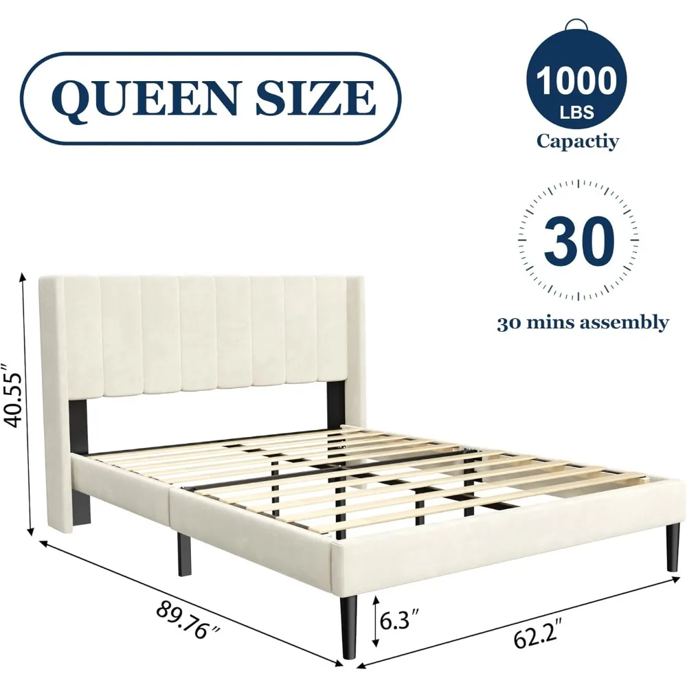Queen Bed Frame with Headboard,Bed Frame Queen Size Vertical Channel Tufted Wingback No Box Spring Needed, Bed Frames