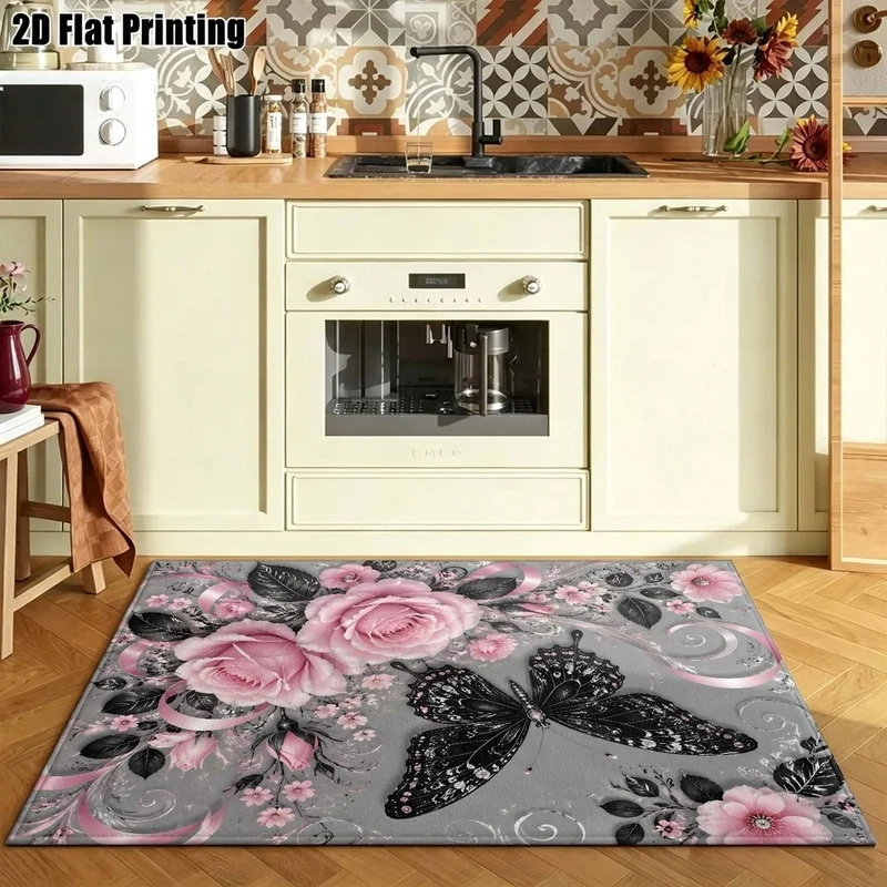 1Pc Light Luxury Retro Pink Rose Black Butterfly Printed Carpet, Warm Home Decoration, Artistic Decorative Carpet, Suitable for Living Room, Bedroom, Dining Room, Bedside, Indoor and Outdoor Patio, Home Decoration