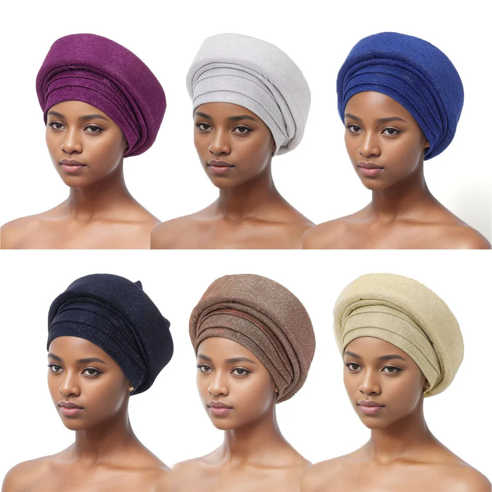 Glitter African Turban Cap for Women Muslim Hijabs Islamic Underscarf Abayas Jersey Instant Headwrap Pleated Women HIjab Caps