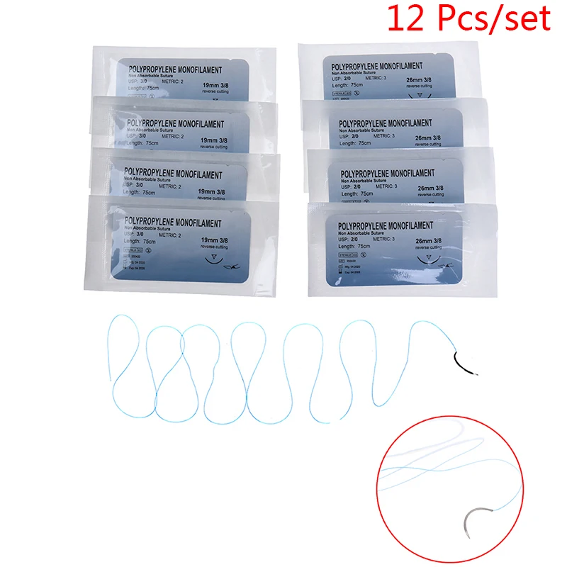 12PCS 2/0 3/0 Needle Suture Nylon Monofilament Non-injured Suture Medical Thread Suture for Medical Surgical Suture Tool