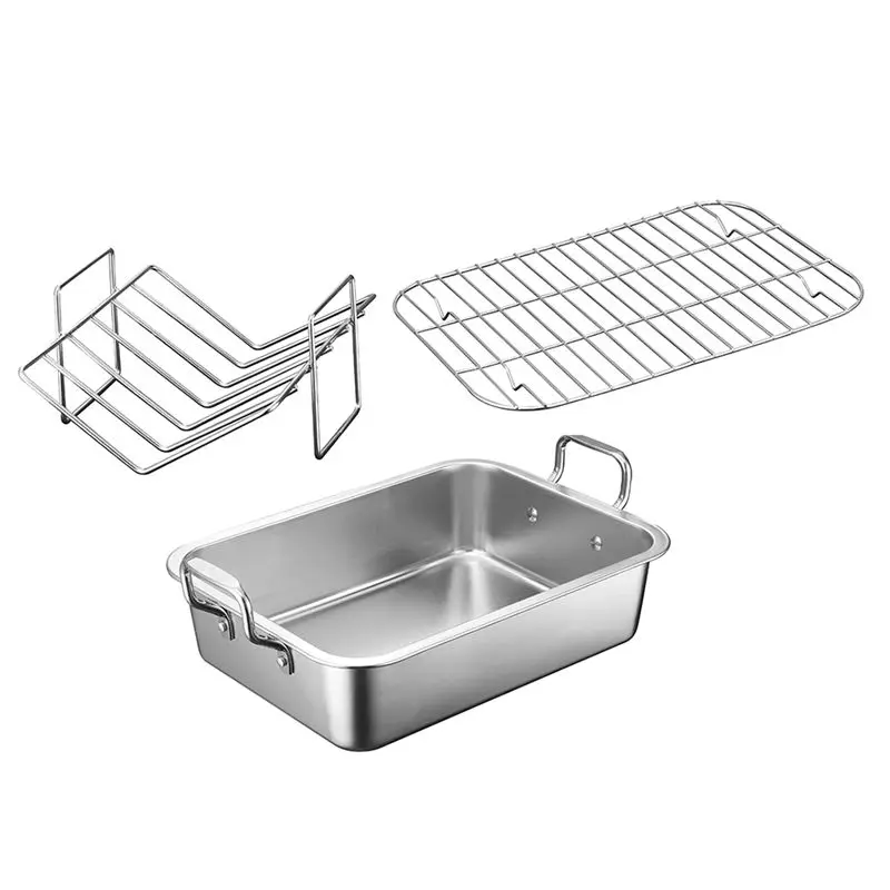 

A21Q -Stainless Steel Barbecue Baking Tray Grid Multifunction Removable Cooling Rack Tray Set Cake Baking Turkey Roaster Pans