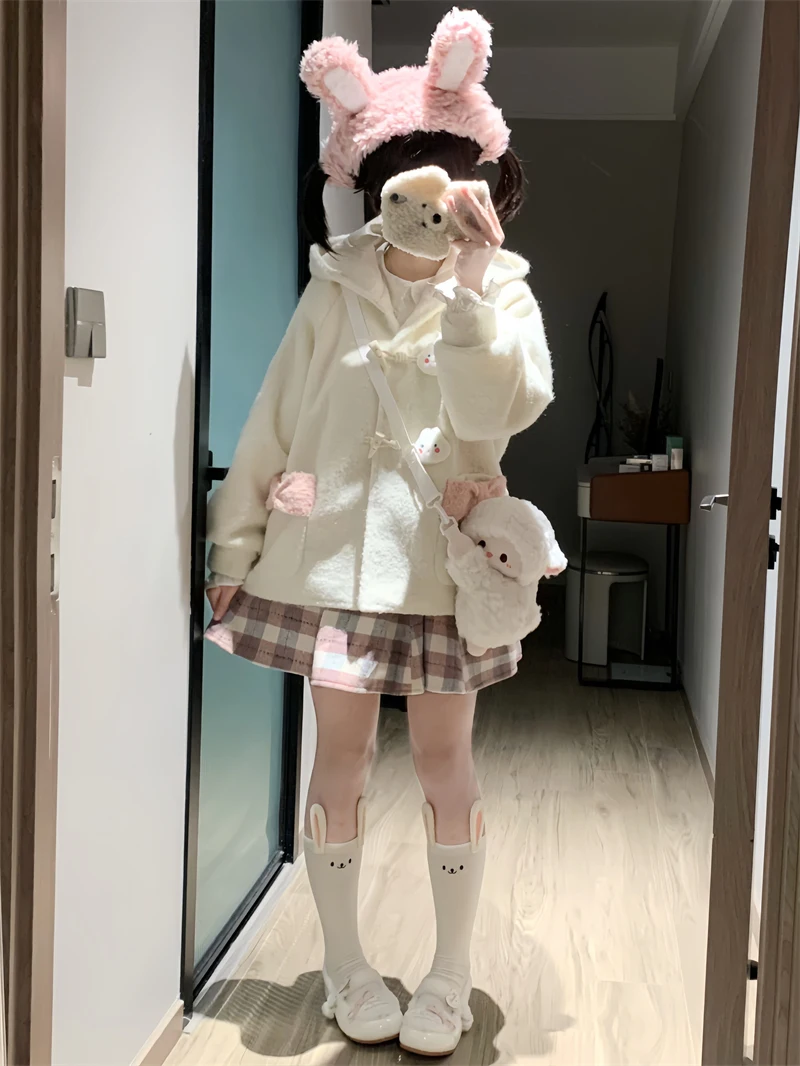 

Зимнее джутовое хлопковое бархатное пальто с милым кроликом для девочек и шляпой, фонарь Све, женская верхняя одежда, повседневная милая одежда