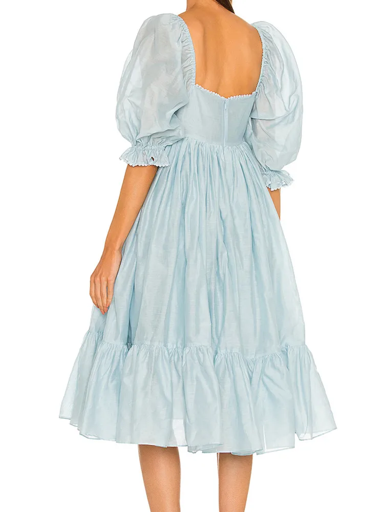 Summer Cotton Blue Ball Gown Dress 3/4 Puff Sleeve Princess Women Spliced Lace Cuff Swing Midi Dresses Fairy Cake Vestidos