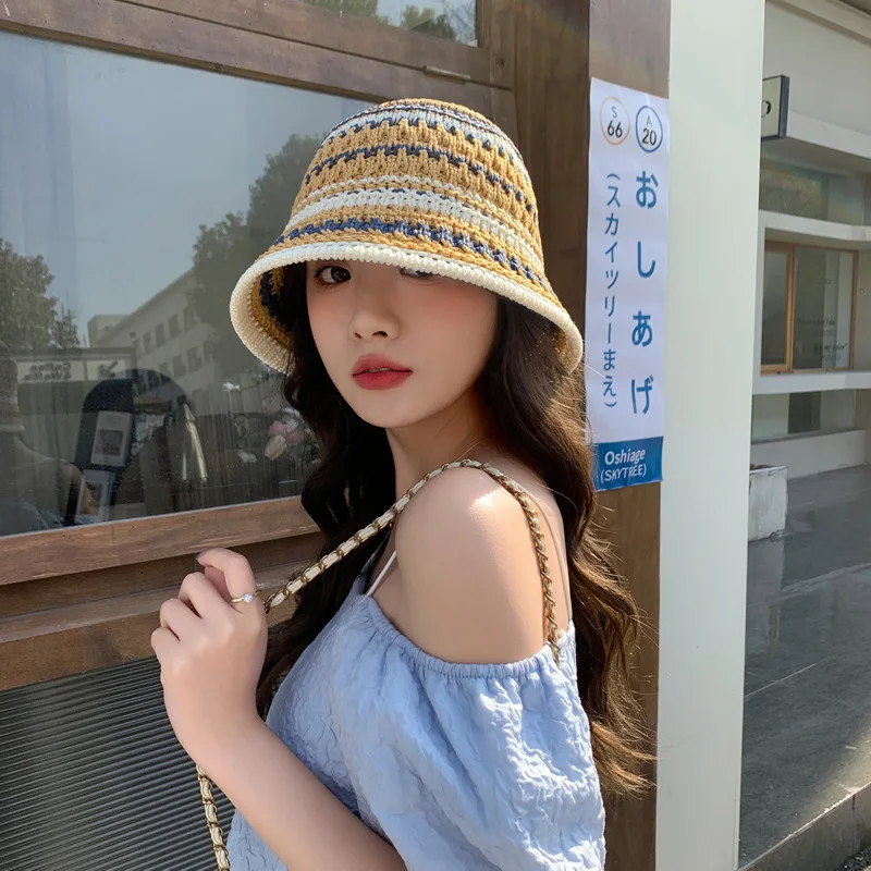 New Colorful Stripe Knitted Bowl Hats for Women\'s Casual Versatile Korean Decoration Foldable Sun Visor Hat Bucket Hat