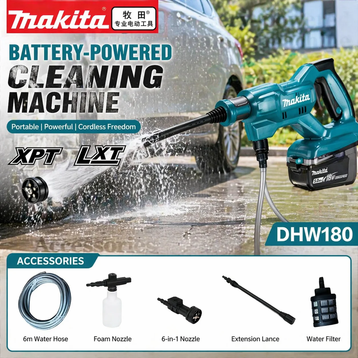

Makita Battery 18V High Pressure Cleaning Washer Portable Car Wash Gun Outdoor Use 5 Spraying Patterns