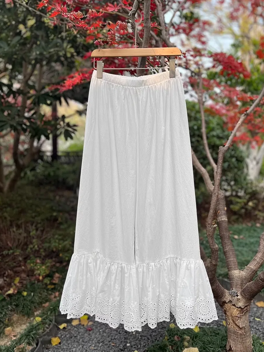 Primavera puro cotone ricamato Suower scava fuori bandiera abito strato base pantaloni zoccolo pantaloni dolce stratificazione