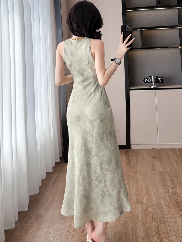 2025 nova impressão sem mangas chique diamantes luxo vestido longo feminino elegante babados vestido de verão coreano bodycon festa vestidos