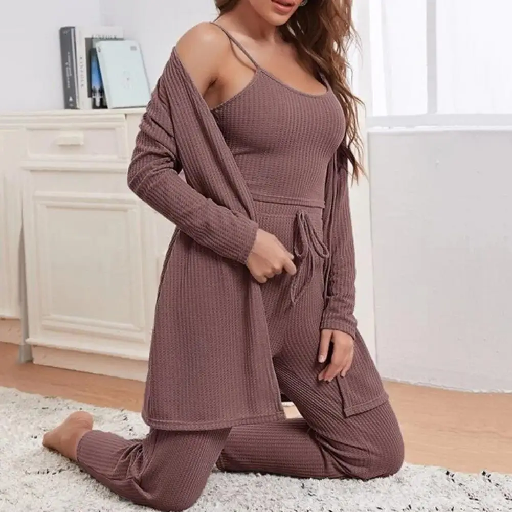 Women Sexy Sleeveless Tank Crop Top With Leg Waist Pants + Long Sleeve Cardigan Coat 3 Piece Set Solid Color Casual Knitted Suit