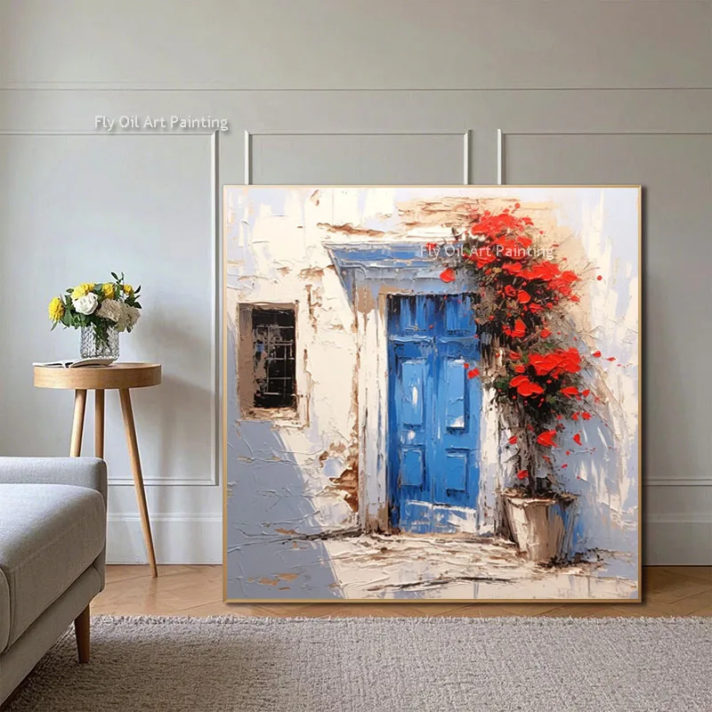 Hand Painted Thick Impasto Oil Painting, Santorini Blue Door Red Bougainvillea Mediterranean Wall Art for Living Room Decor