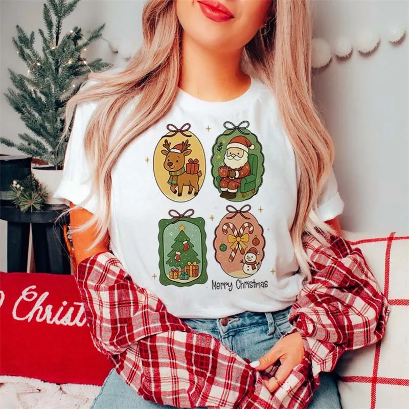 Retro Christmas Ornaments Printed T-Shirt Women's Clothing Holiday Celebration T-Shirt Cute Style Short Sleeve Printed Top