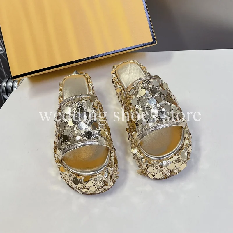 Girls Sequined Height Increasing Slippers Fashion Shoes Comfort Summer Personalized Outdoor Wedding Party Slippers Women Shoes