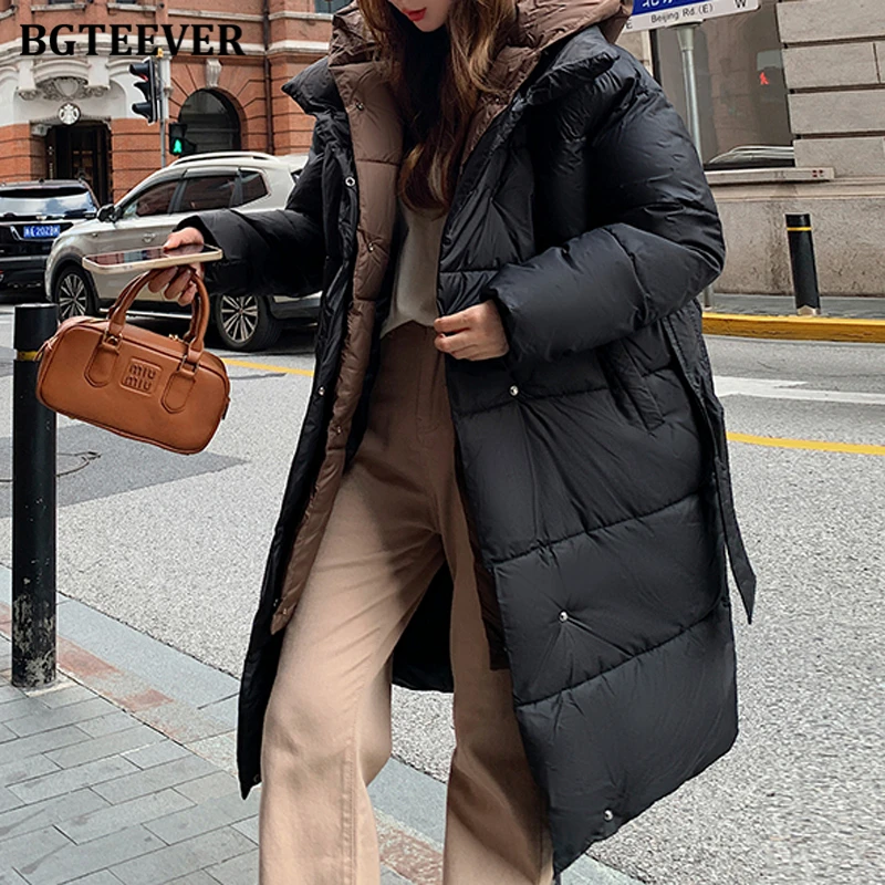 

BGTEEVER Winter Fashion Warm Ladies Long Cotton Padded Parkas Casual Loose Single-breasted Full Sleeve Women Hooded Down Coats