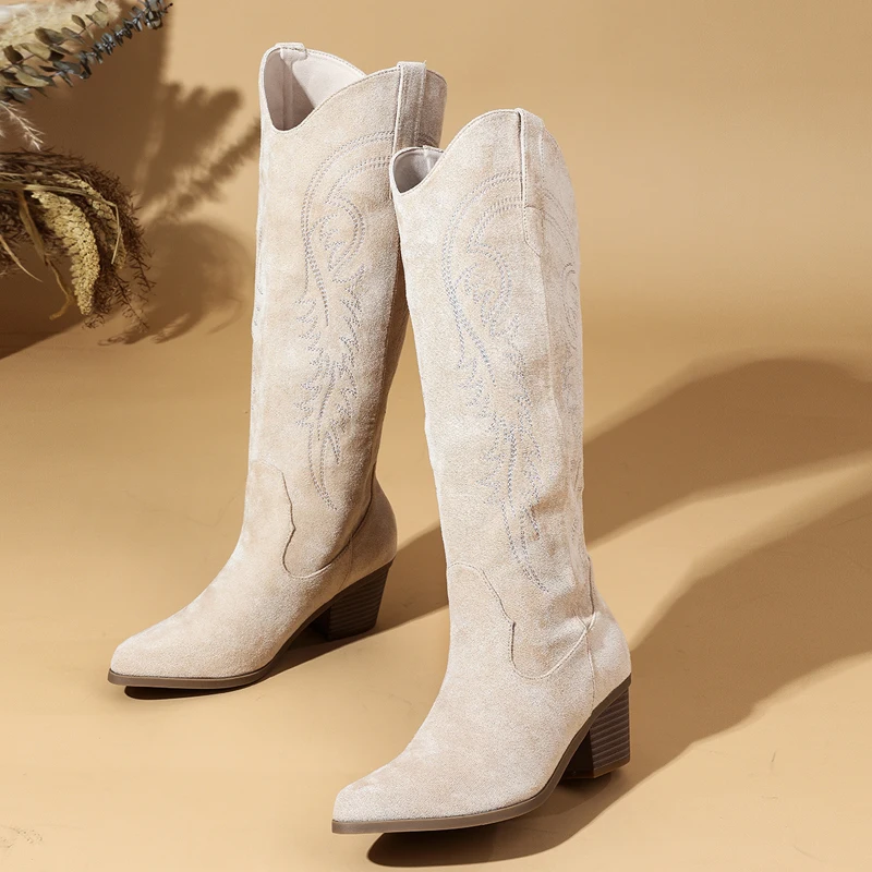 

Зимние женские сапоги Eilyken с вышивкой до колена, модные ботильоны в западном стиле на квадратном каблуке с острым носком, женская обувь