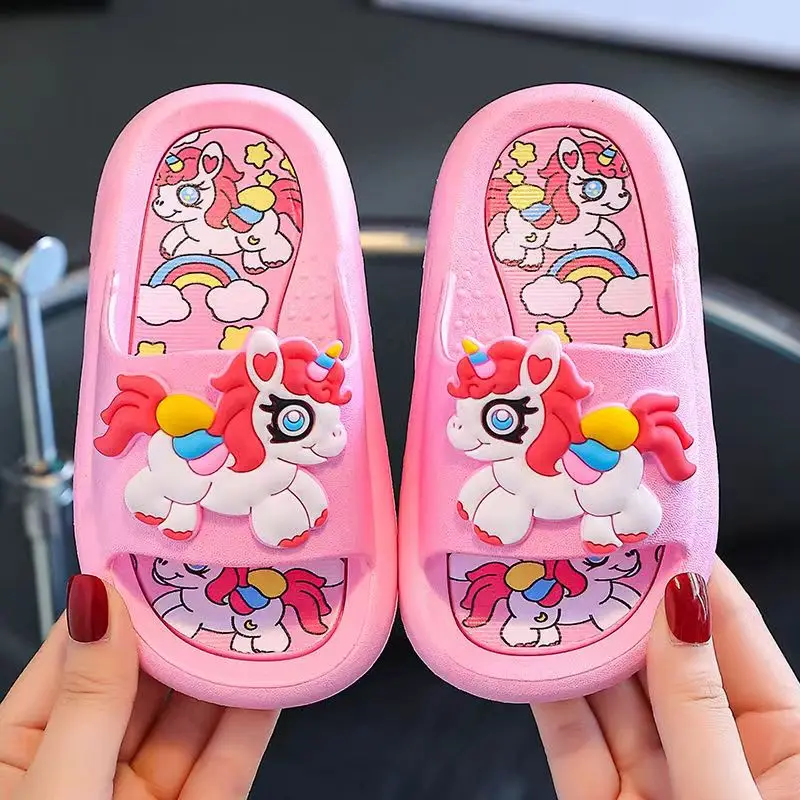 Trendy Cute Cartoon Unicorn Open Toe Slippers For Girls, Lightweight Wear-resistant Quick Drying Slippers For Indoor Home Bathro