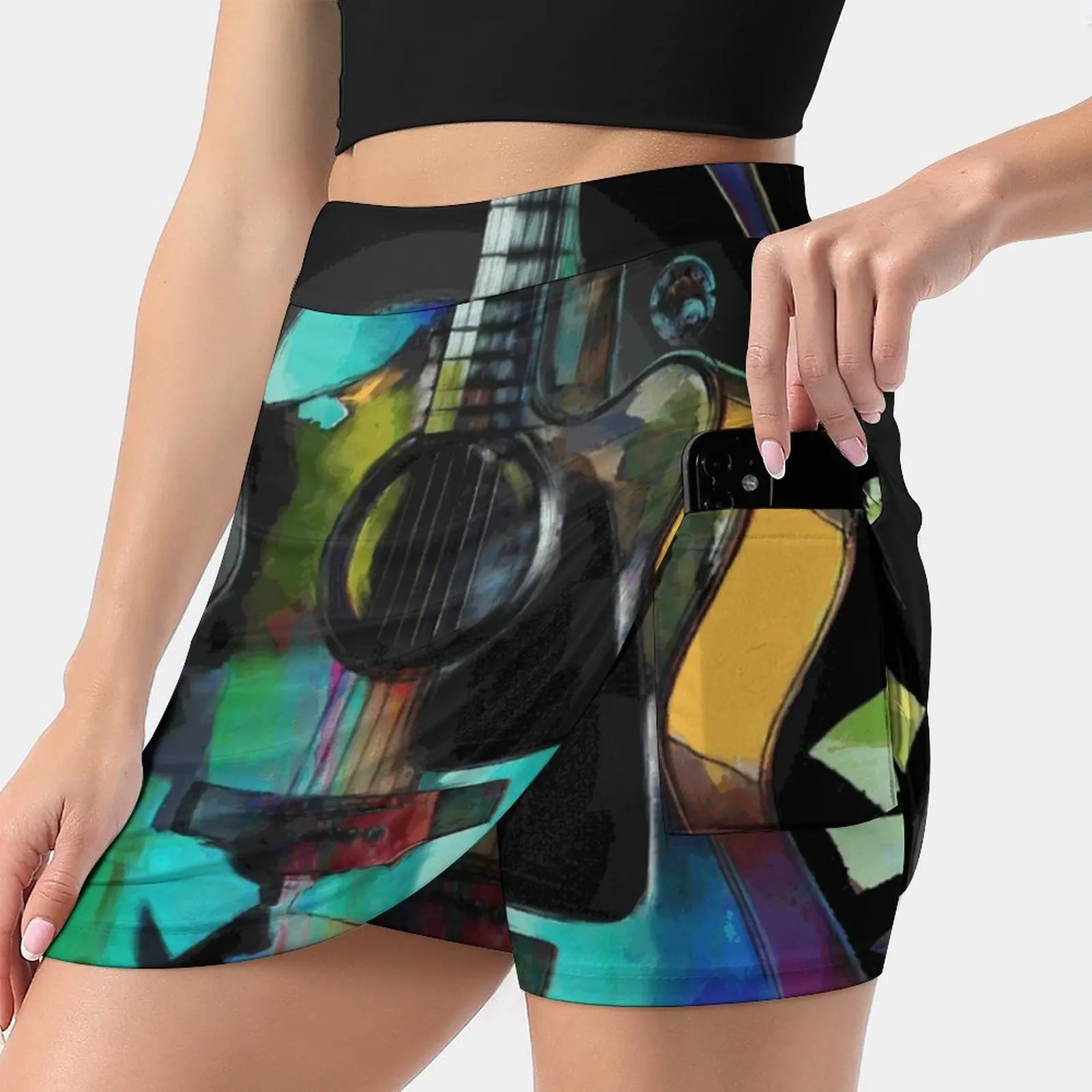 Music In Colour Women's skirt Mini Skirts A Line Skirt With Hide Pocket Guitar Acoustic Guitar Electric Guitar Abstract Music