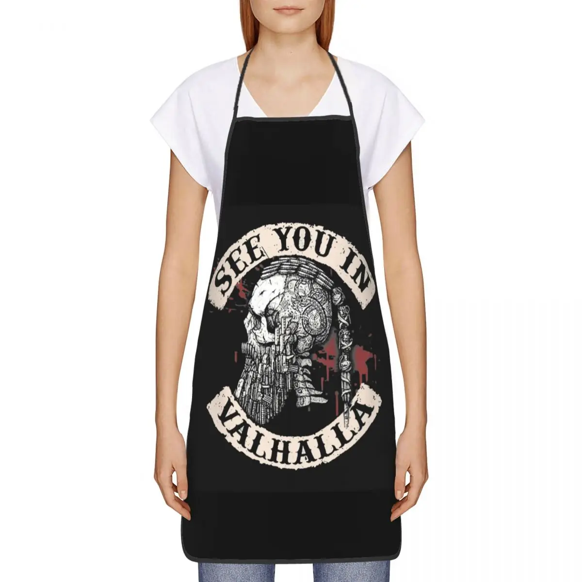 Custom See You In Valhalla Bib Apron Adult  Chef Tablier Cuisine for Kitchen Cooking Viking Odin Ragnar Skull Warrior Baking