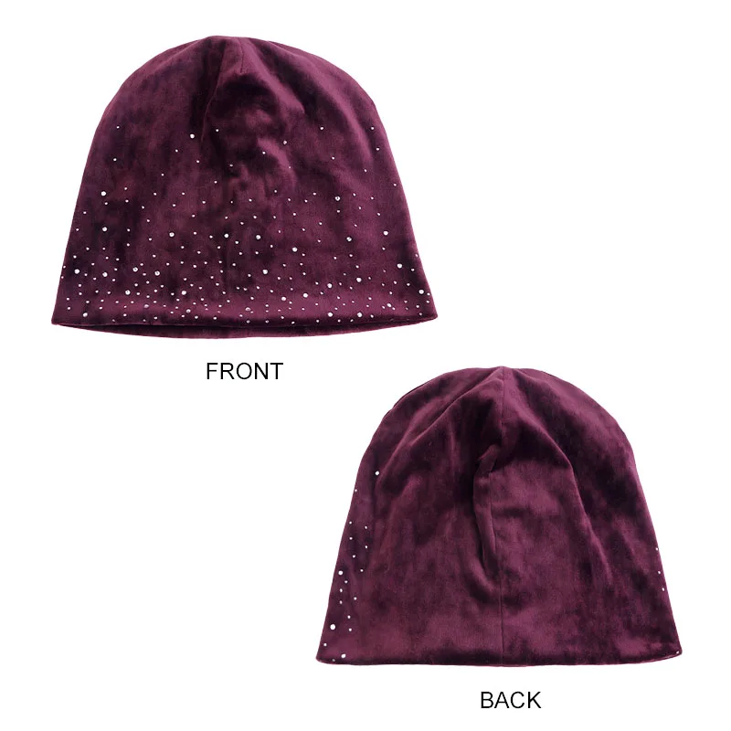 New Women Rhinestone Decor Velvet Slouchy Beanie Baggy Hat Solid Color Elastic Skull Cap Lightweight Warm Beanies Chemo Cap