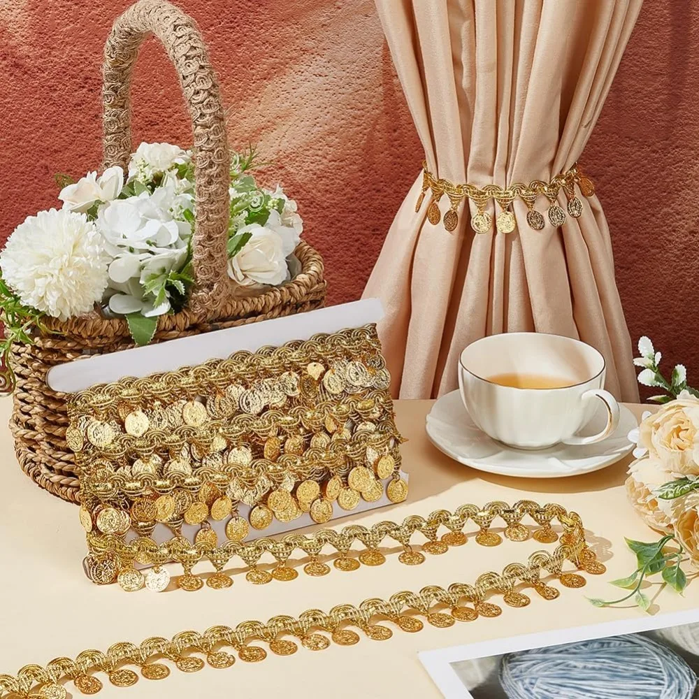 1Roll 10 Yards Gold Coin Shape Sequin Tassel Trim Sequins Lace Tassel Fringe Trim 1.6 Inchm Width Sequins Tassel Lace Ribbon