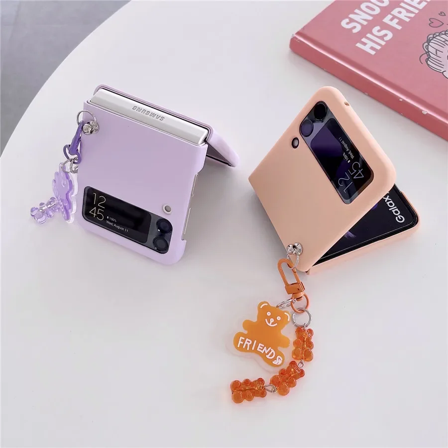 Z Flip 3 4 SM-F711B Bear Pendant Case for Samsung Galaxy Z Flip 3 Zflip3 4 Etui Cute Fashion Macaron Color Cover Z Flip4 Case