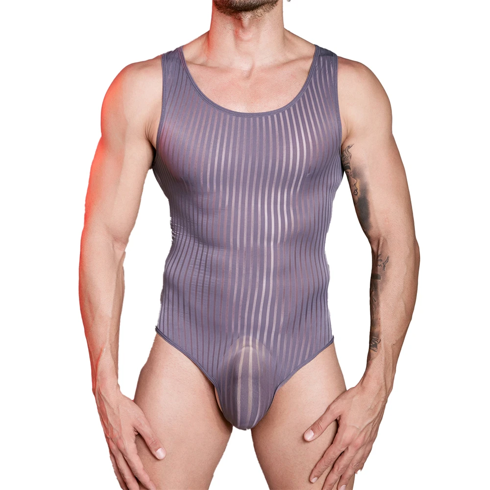 

Sexy Mesh Sheer Striped Bodysuit for Man High Elasticity One-piece Tank Tops Rompers Sexy Male Underwear Wrestling Singlet M L
