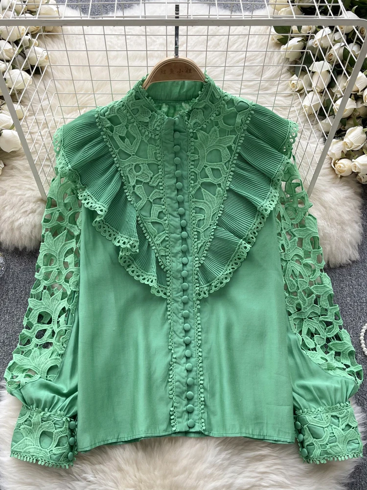 2024 Spring Summer Lace Long lantern sleeve shirt Women Fashion Patchwork hollow out bouse Solid tops Loose Vintage INKEO 3T209