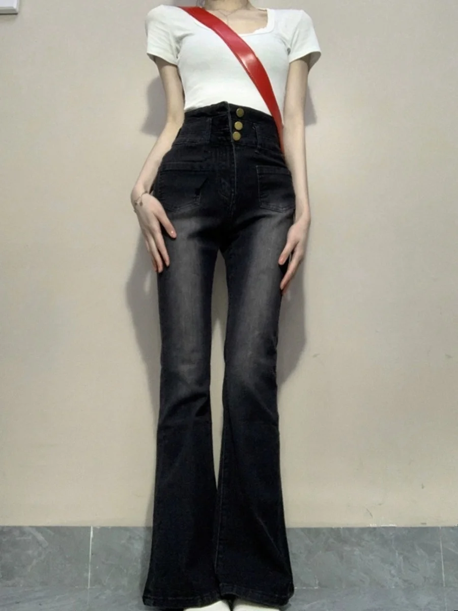 

Джинсы-клеш с высокой талией для женщин, весна-осень, новинка, большие размеры, утягивающие, удлиненные, темный цвет