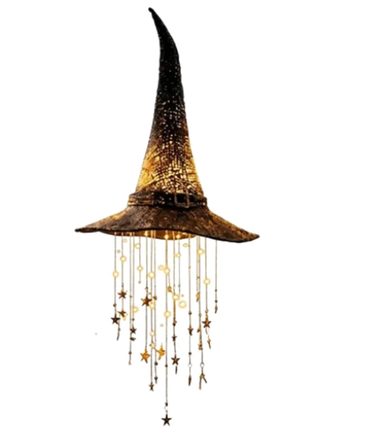 Lighted Witch Hat Hanging Chime, LED Halloween Hanging Decor, Versatile Indoor & Outdoor Use, Hanging Decor with Cascading Stars