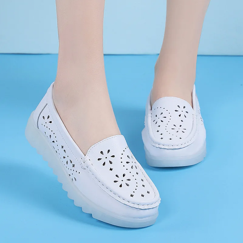 2025 Women Breathable Flat Shoes Spring and Summer Thick Sole Loafers Trendy Lightweight Slip on White Hollow Casual Work Shoes