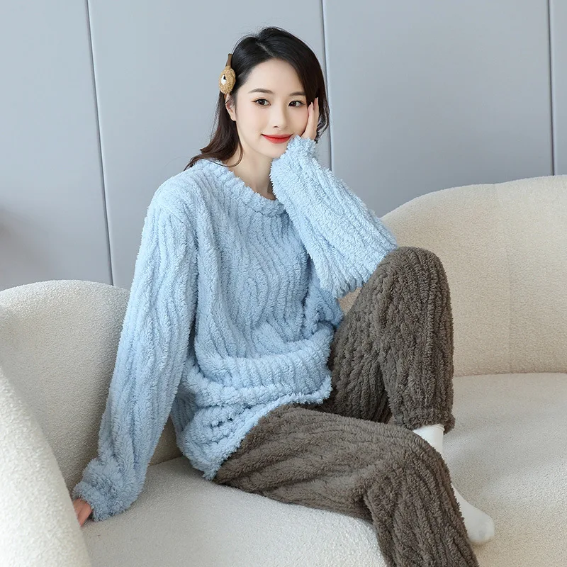 Warm Set of Winter Pajamas Autumn and Winter Jacquard Shu Cotton Velvet Thickened Colorblocking Round Neck Warm Home Wear Female