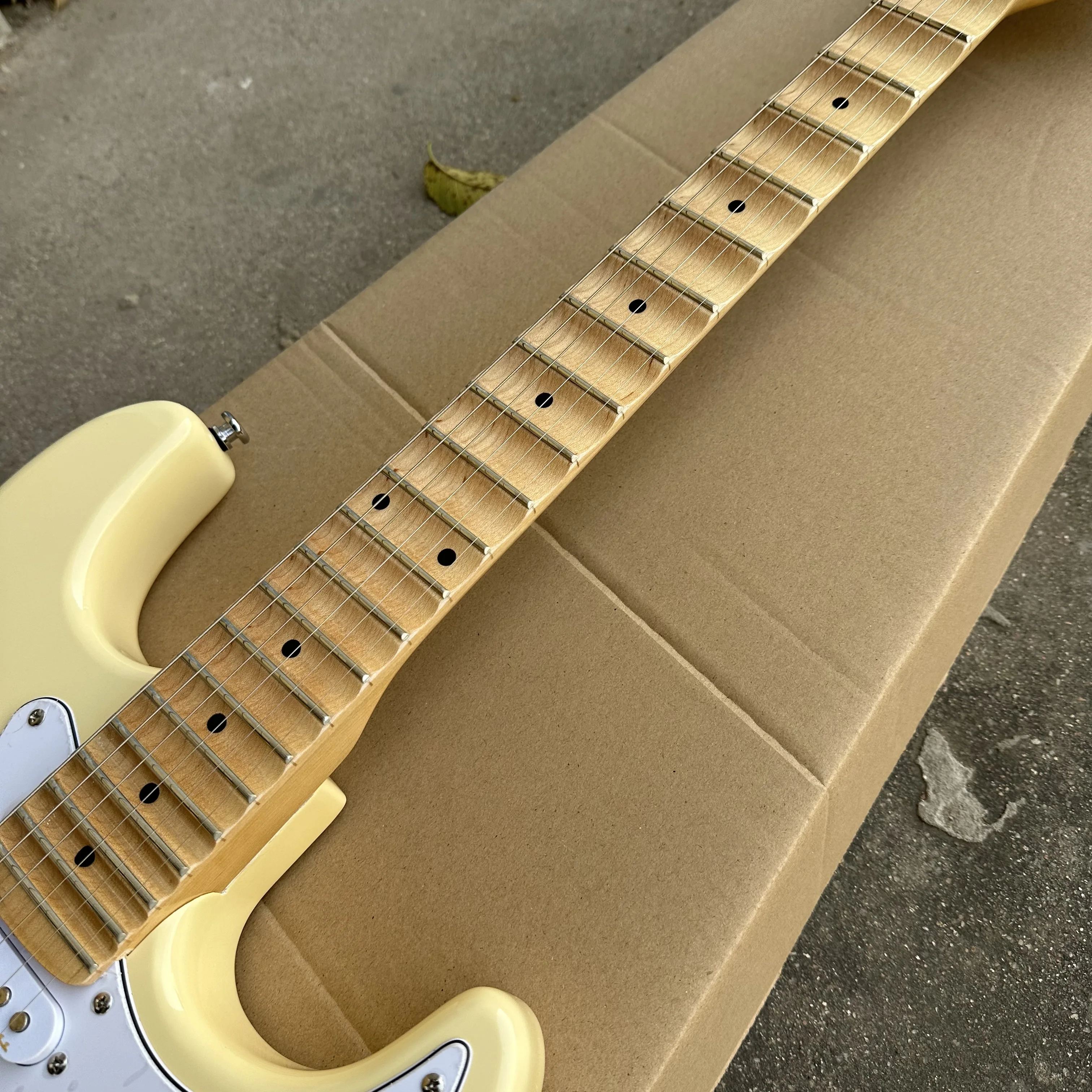 St yellow Electric Guitar Scalloped Maple Fretboard Big head white Pickguard 3S Pickups free shipping