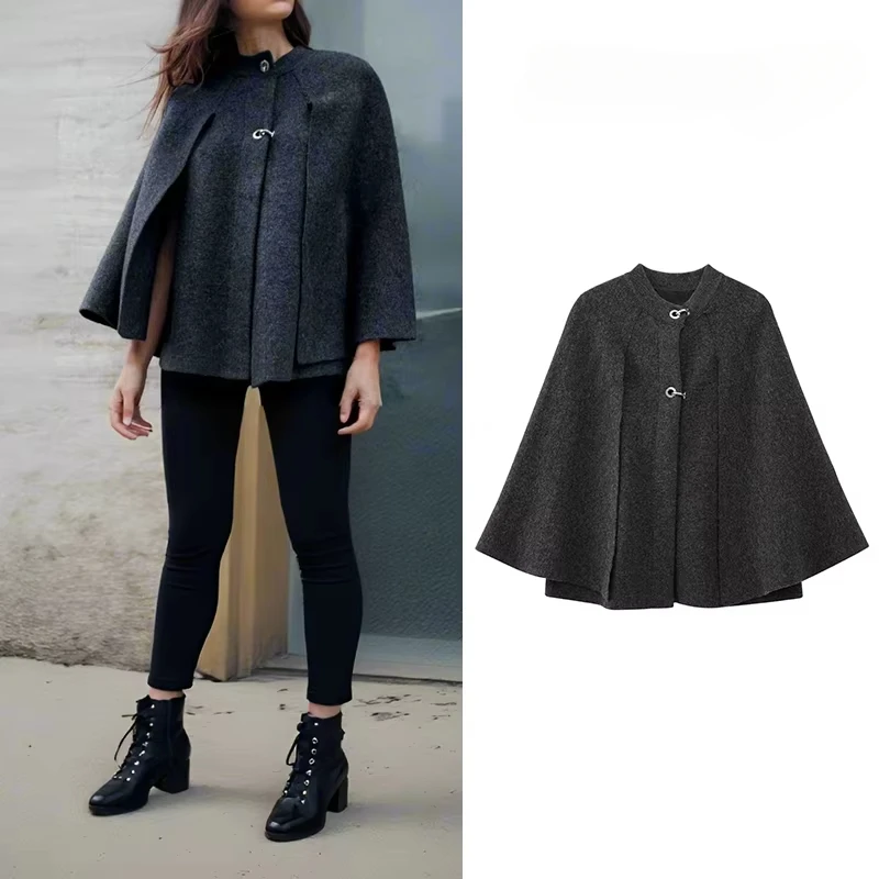 

TRAFZR Women's Knitted Cape Short Cloak Retro Textured Coat Autumn Winter Elegant Outerwear Urban Layering Essential