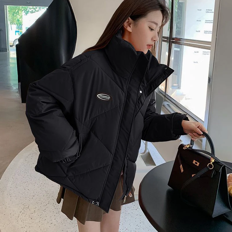 Winter Korean Cotton Padded Jacket Women Harajuku Stand Collar Warm Short Parkas Ladies Zipper Thicken Bread Puffer Coat Female